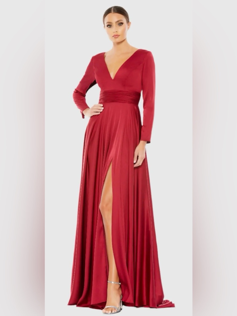 Mac Duggal Ruby Red V-Neck Long Sleeve Maxi Gown 4